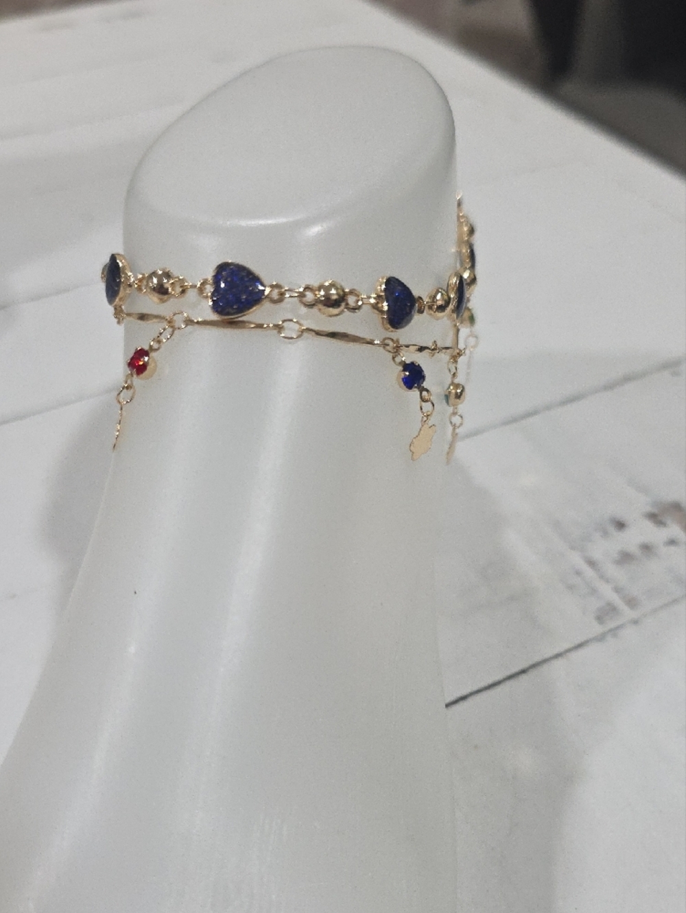 14k Gold-Plated Blue Heart Dangle Anklet with Charms - Picture 3 of 3